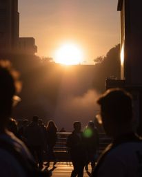 Candid street photography capturing harsh sunlight illuminating a sunset behind a dramatic waterfall, with strong shadows and