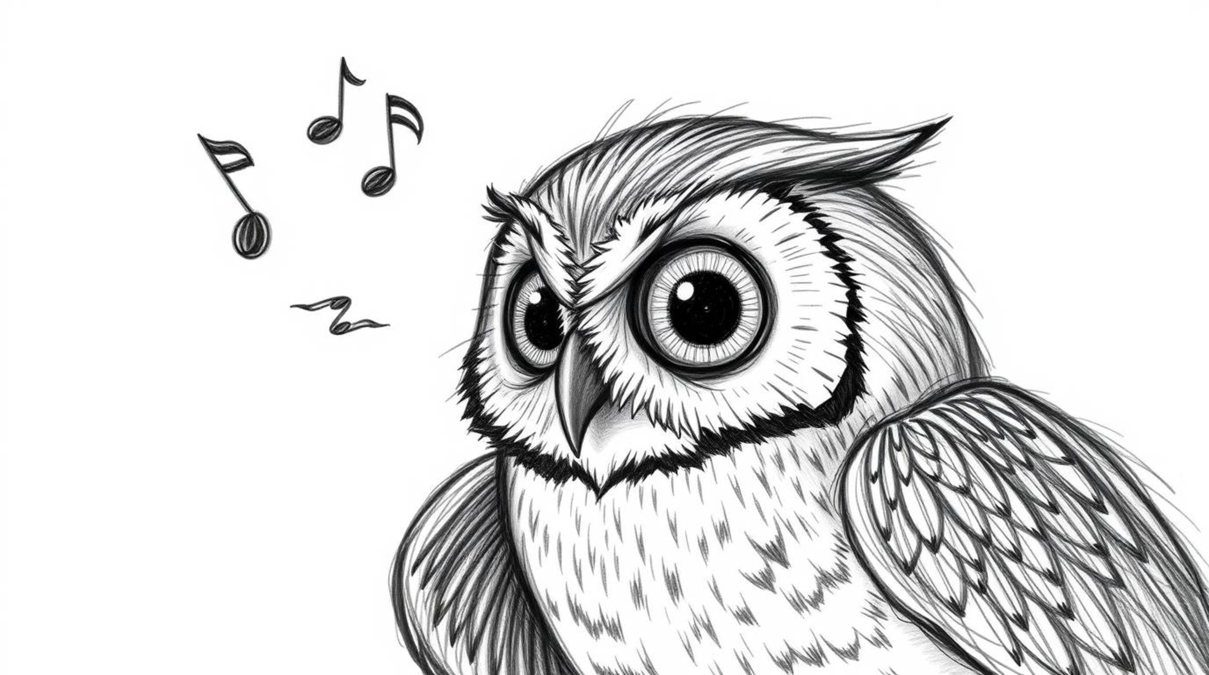A heartwarming Pixar-style hand-drawn sketch depicts a blind owl with large, expressive eyes using musical notes to teach bir