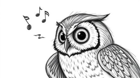 A heartwarming Pixar-style hand-drawn sketch depicts a blind owl with large, expressive eyes using musical notes to teach bir