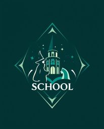 A luxurious and vibrant logo design for a magical school filled with young wizards. Rendered in deep teal, the logo utilizes 