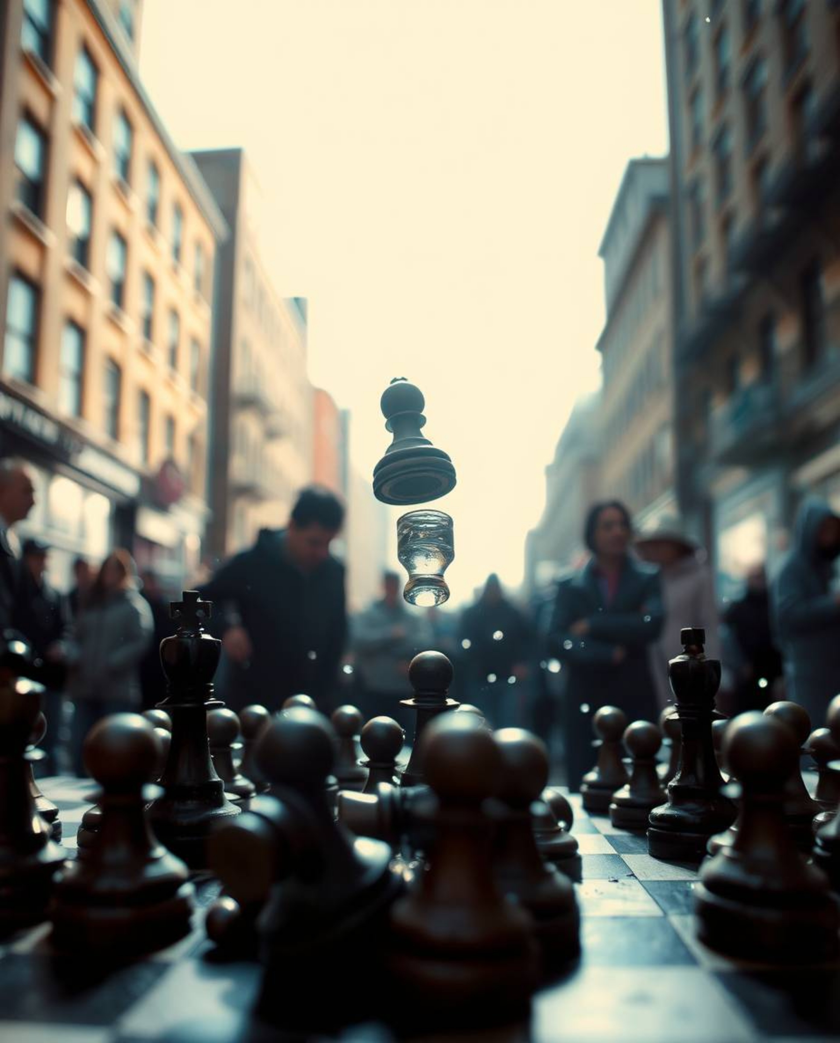 Capture the spontaneous chaos of a chessboard frozen mid-destruction in a candid street photography setting.  Experience the 