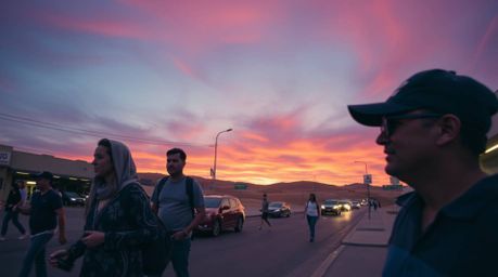 Explore the beauty of candid street photography captured from a low angle, highlighting a mesmerizing desert sunset with vivi