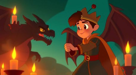 A charming prince battles a fierce dragon in this captivating 1950s-style animation.  The scene is bathed in warm candlelight