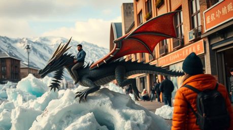 A captivating candid street photograph depicts a dragon and its rider soaring above icy mountain peaks within a city setting.