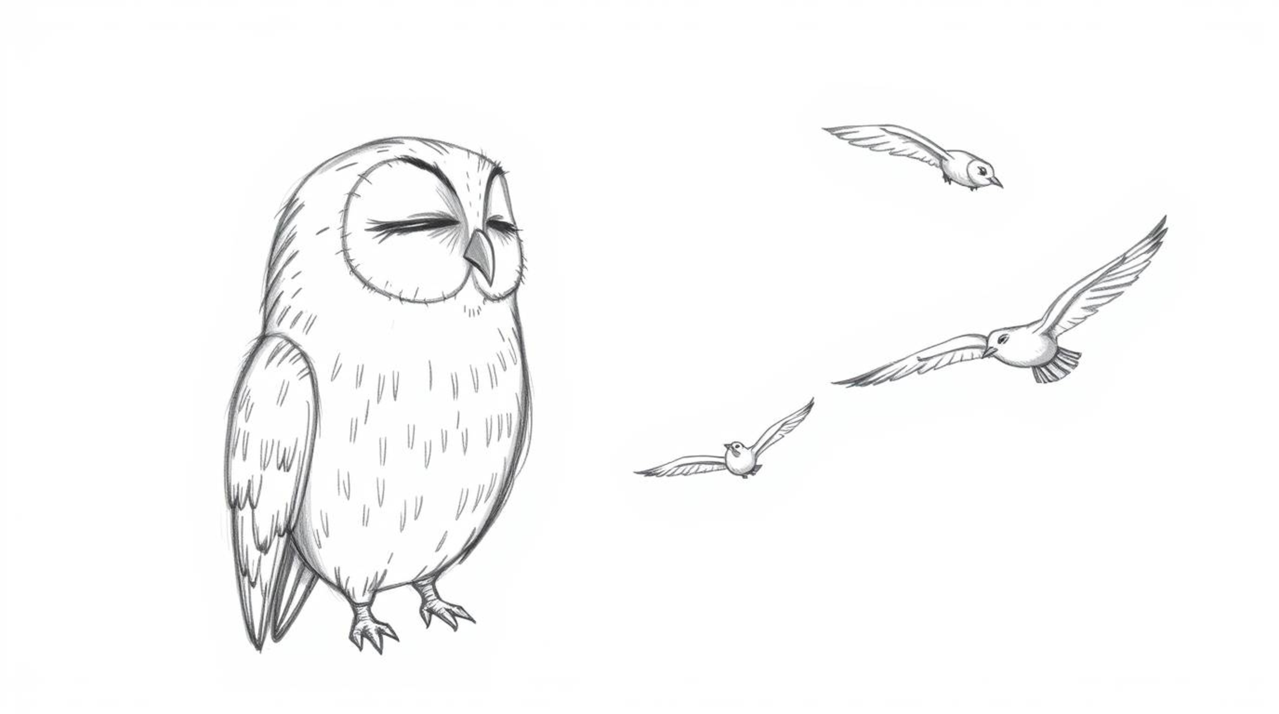 A hand-drawn Pixar-style sketch features a wise, blind owl with closed eyes, patiently teaching a flock of birds to fly. Util
