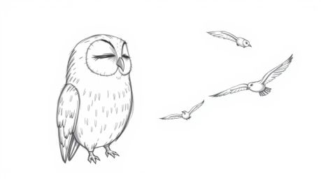 A hand-drawn Pixar-style sketch features a wise, blind owl with closed eyes, patiently teaching a flock of birds to fly. Util