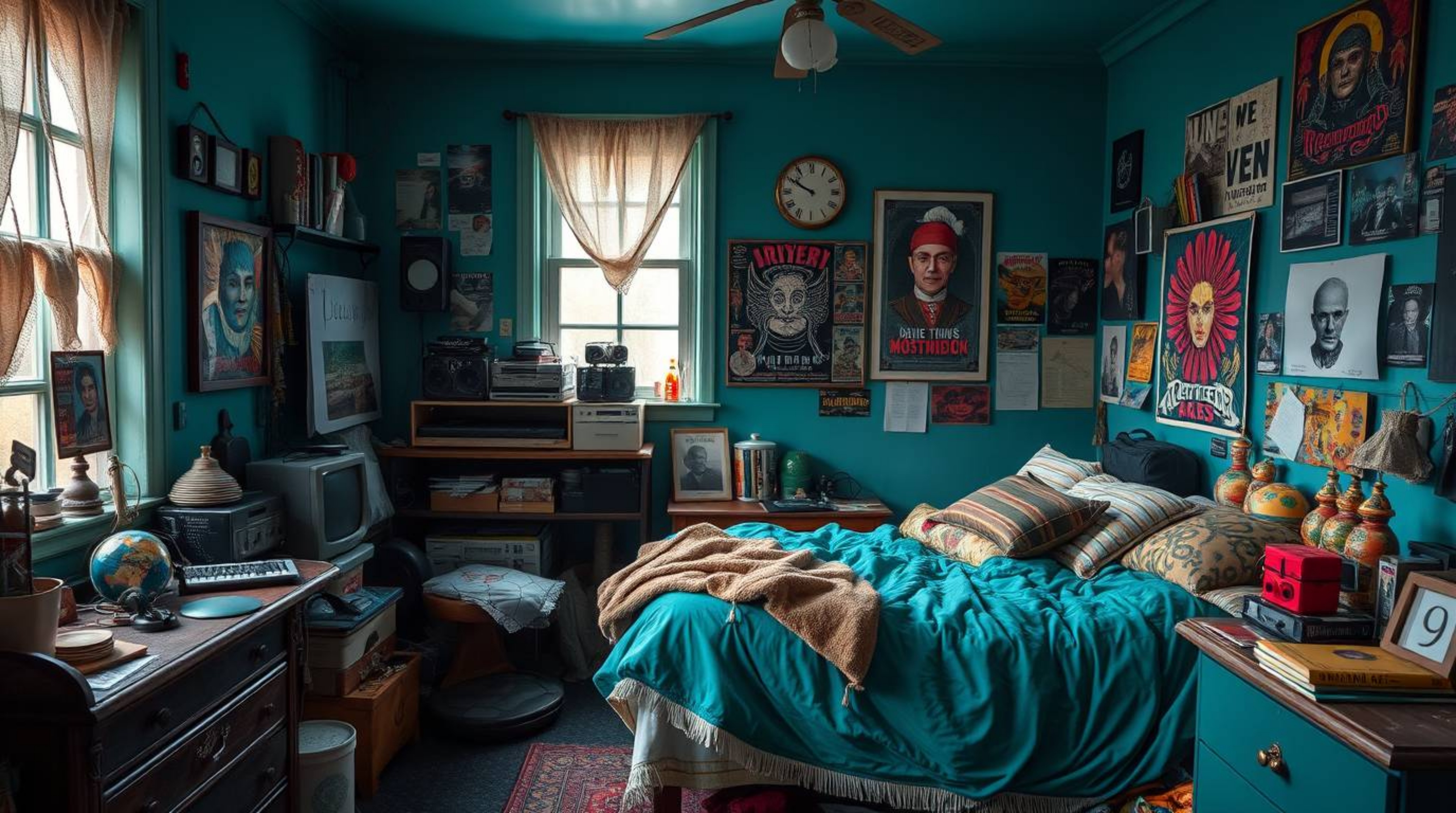 Discover a captivating deep teal messy bedroom aesthetic. This unique space blends weird gadgets, mystical posters, and luxur