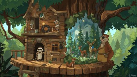 A highly detailed, high-resolution stock photo captures a cheerful, anthropomorphic beaver in a tool-belted apron, constructi