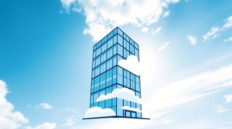 This logo design features a modern glass building seamlessly dissolving into the sky, with soft clouds subtly integrated into