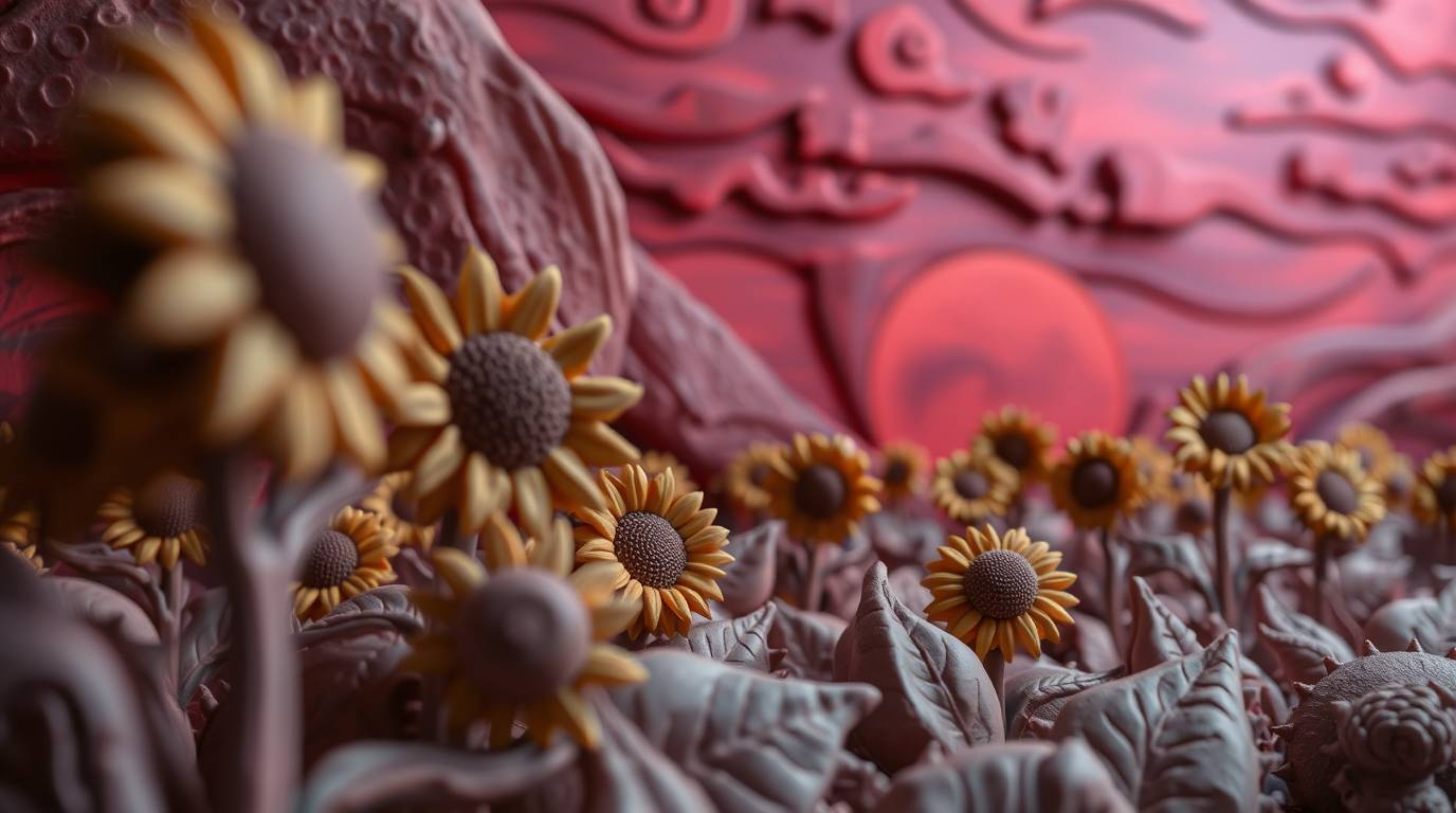 A captivating close-up reveals a detailed clay sculpture depicting a sunflower field bathed in the vibrant hues of a deep red