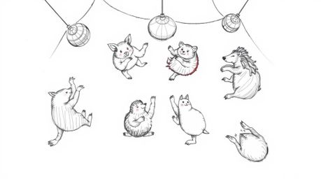 A fun, hand-drawn sketch depicts an overhead bird's-eye view of an energetic animal dance party illuminated by vibrant disco 