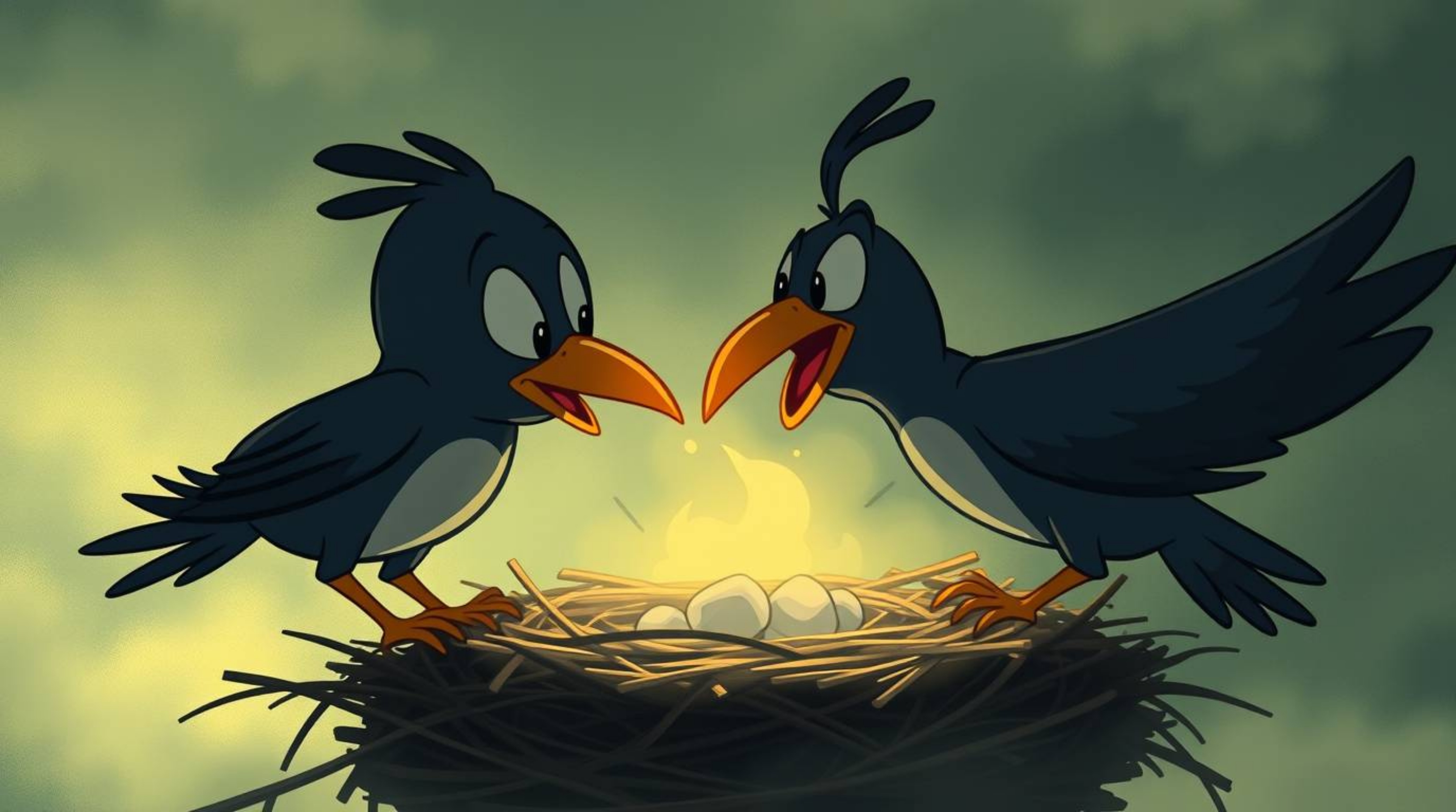 A dramatic illustration depicts two cartoon birds diligently building a nest in a classic animation style. The scene is bathe