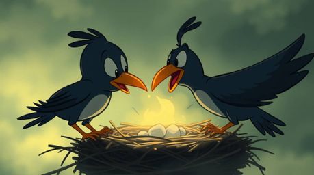 A dramatic illustration depicts two cartoon birds diligently building a nest in a classic animation style. The scene is bathe