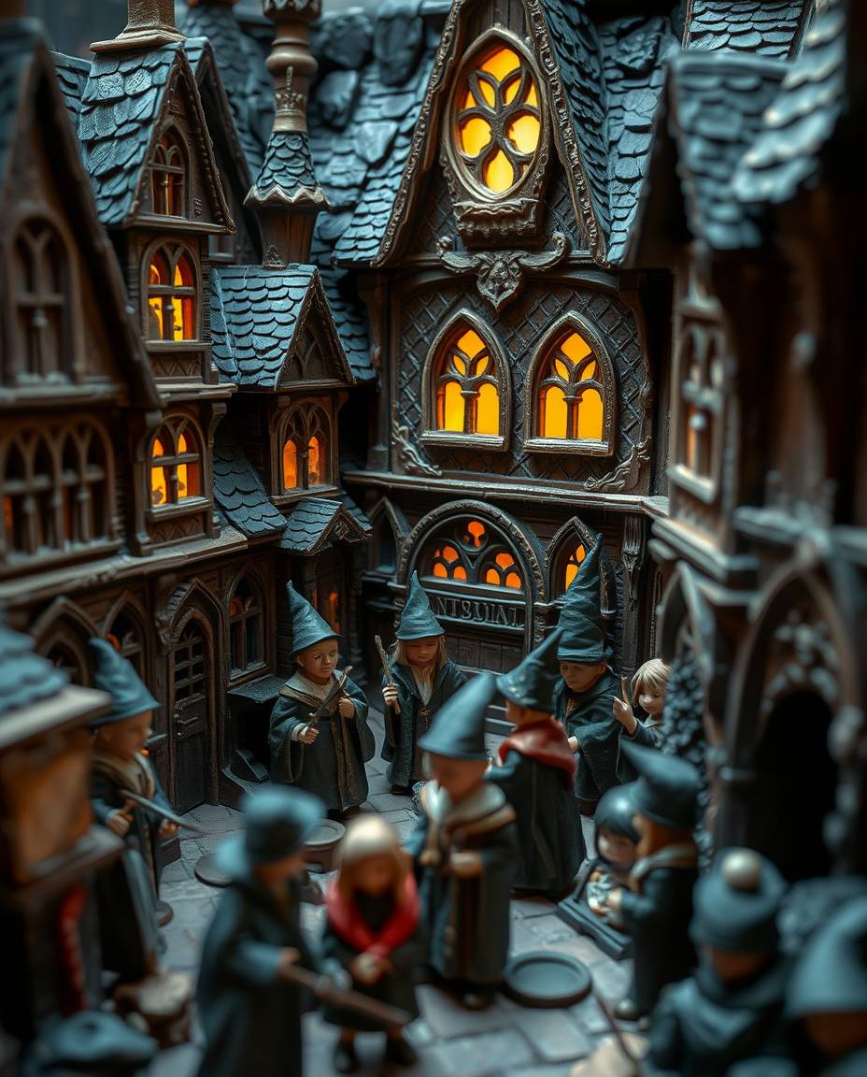 Explore a meticulously crafted magical school, a tight close-up shot revealing young wizards amidst layered papier-mâché arti