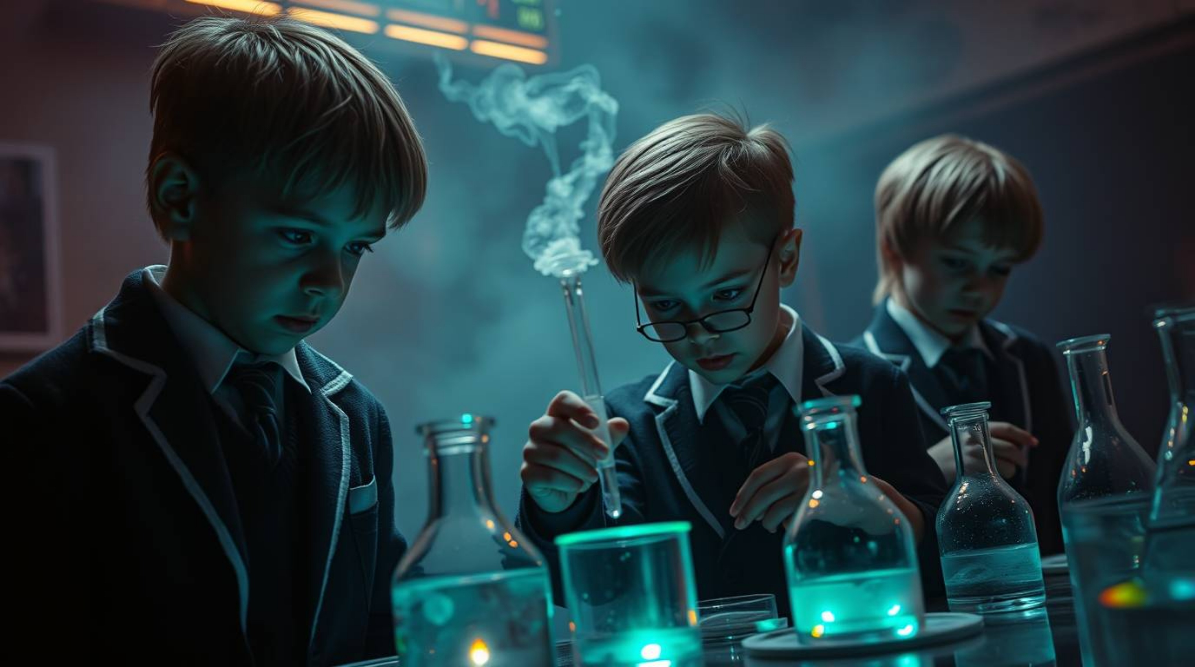 A captivating scene unfolds: quirky children in school uniforms conduct unsettling experiments, bathed in iridescent light an