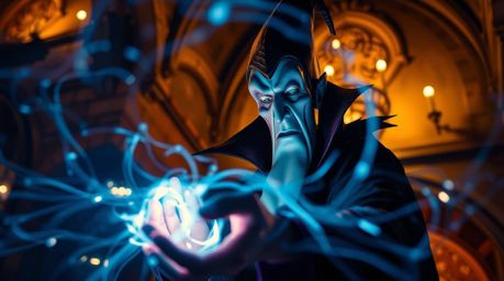 A tight close-up shot showcasing a classic Disney villain casting a spell within the confines of an old castle. The image uti
