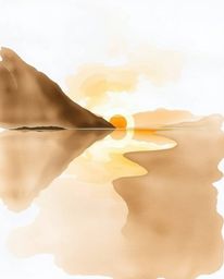 A delicate watercolor painting of a glassy fjord reflecting a sunset. This artwork utilizes natural earth tones, such as brow