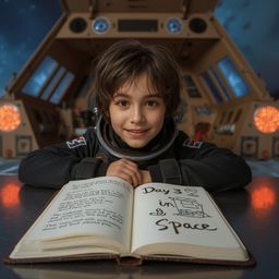 A captivating Pixar-style high-fashion photograph depicts a boy with a curious gaze, wearing a sleek spacesuit, triumphantly 