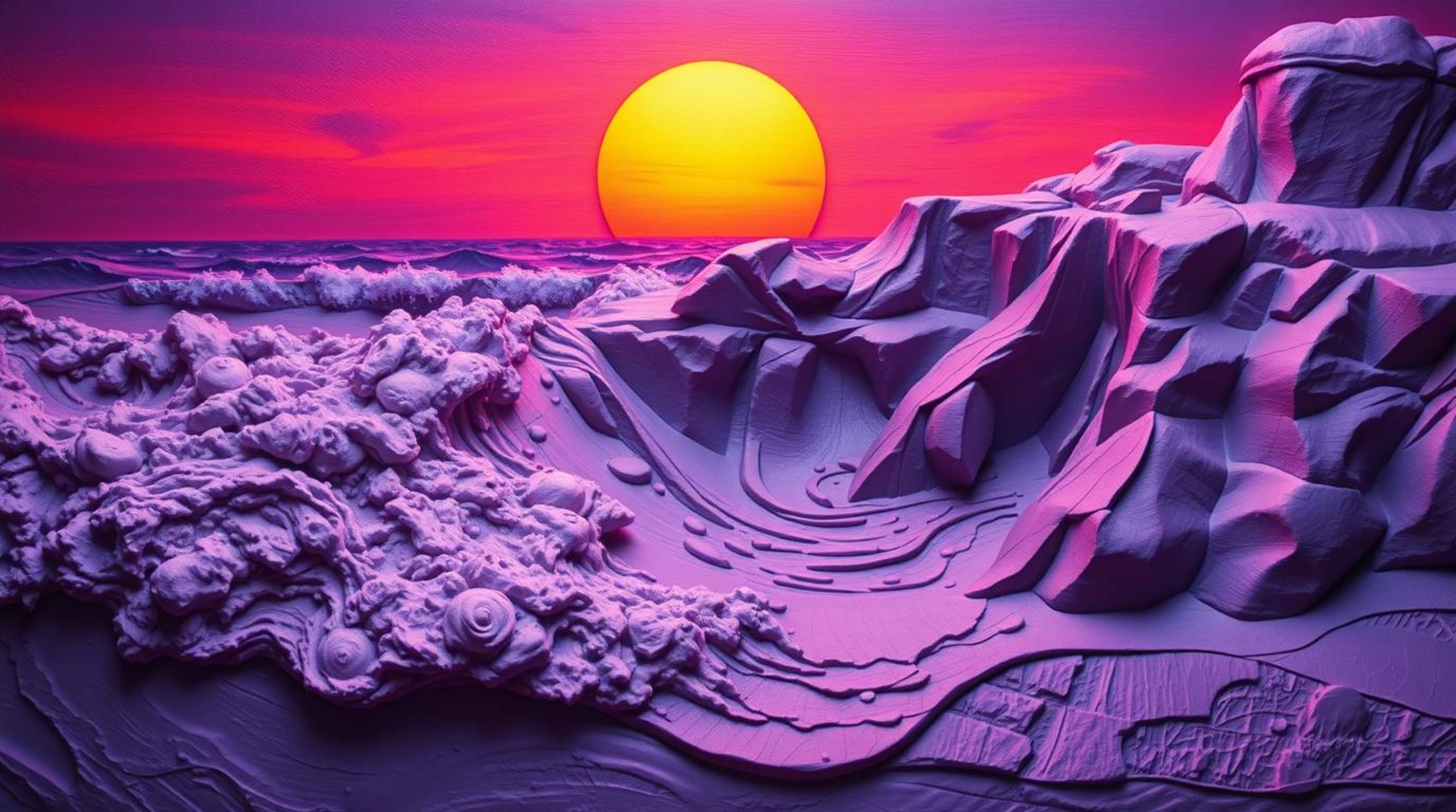 This collection of artwork showcases the beauty and power of nature through sculptural clay creations. Deep ultraviolet hues 