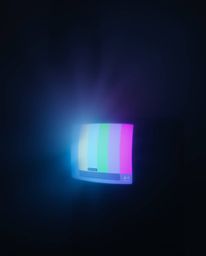 This eerie scene captivates with its soft cinematic haze and a retro TV screen displaying RGB-separated glitch static. The so