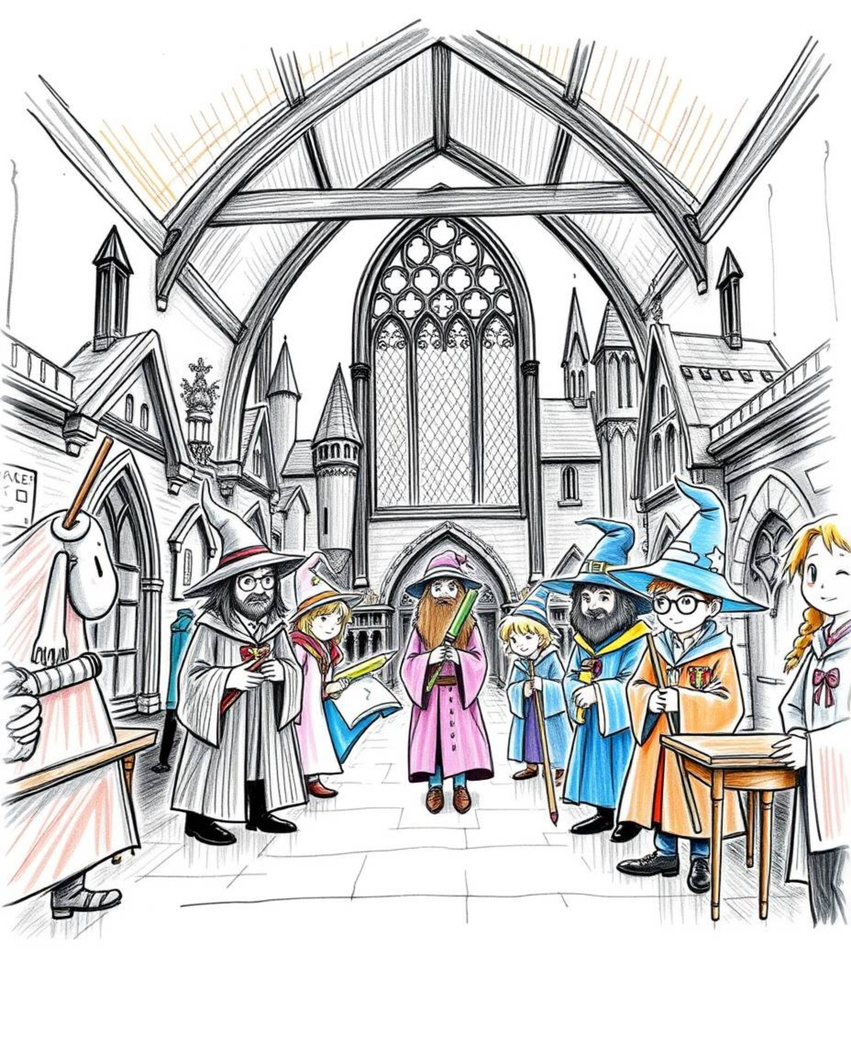 Explore a magical school brimming with young wizards, brought to life in a vibrant, hand-drawn sketch style. The artwork feat