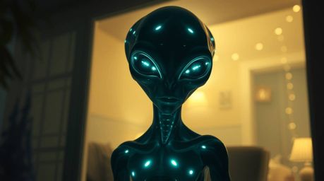 This captivating light art piece portrays a bioluminescent alien residing in an ordinary suburban house. The artwork evokes a