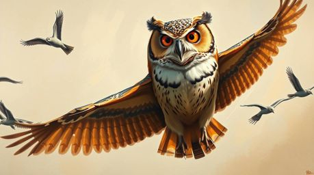 This classic oil painting, inspired by Pixar's style, depicts a blind owl imparting invaluable flight wisdom to birds prepari
