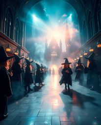 Immerse yourself in a magical school brimming with young wizards, captured with intense dramatic lighting and an ethereal spi