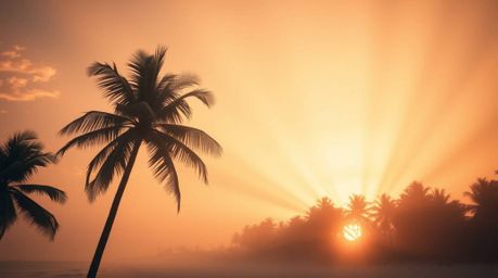 Experience the tranquility of a tropical beach sunset with volumetric lighting that beautifully illuminates the scene. Elegan