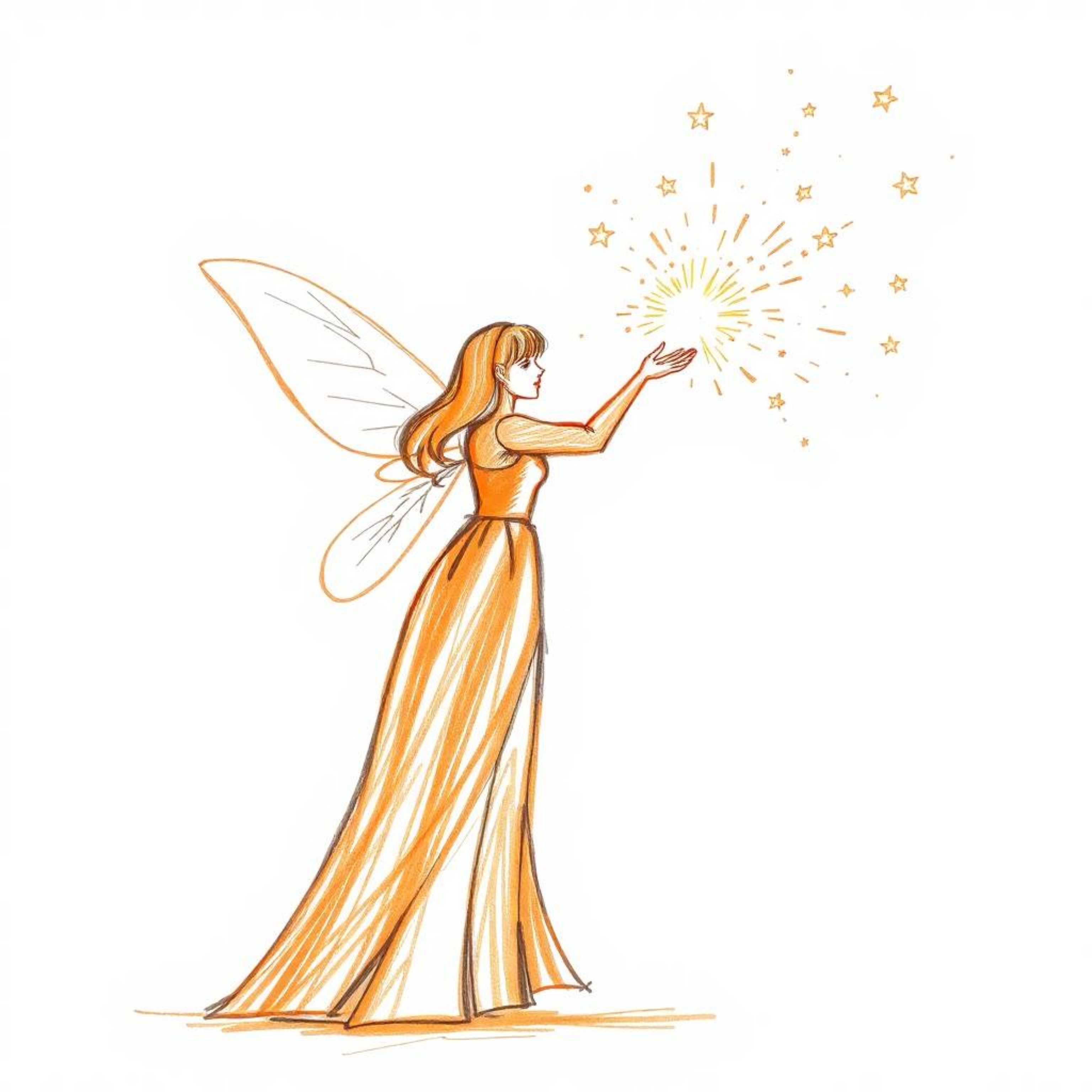 This hand-drawn sketch depicts a fairy godmother gracefully appearing in a vibrant swirl of sparkles, rendered in a warm terr
