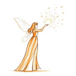 This hand-drawn sketch depicts a fairy godmother gracefully appearing in a vibrant swirl of sparkles, rendered in a warm terr