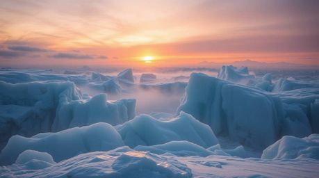 Capture the essence of a breathtaking sunset over icy glaciers in the polar region with dramatic lighting that evokes a soft,