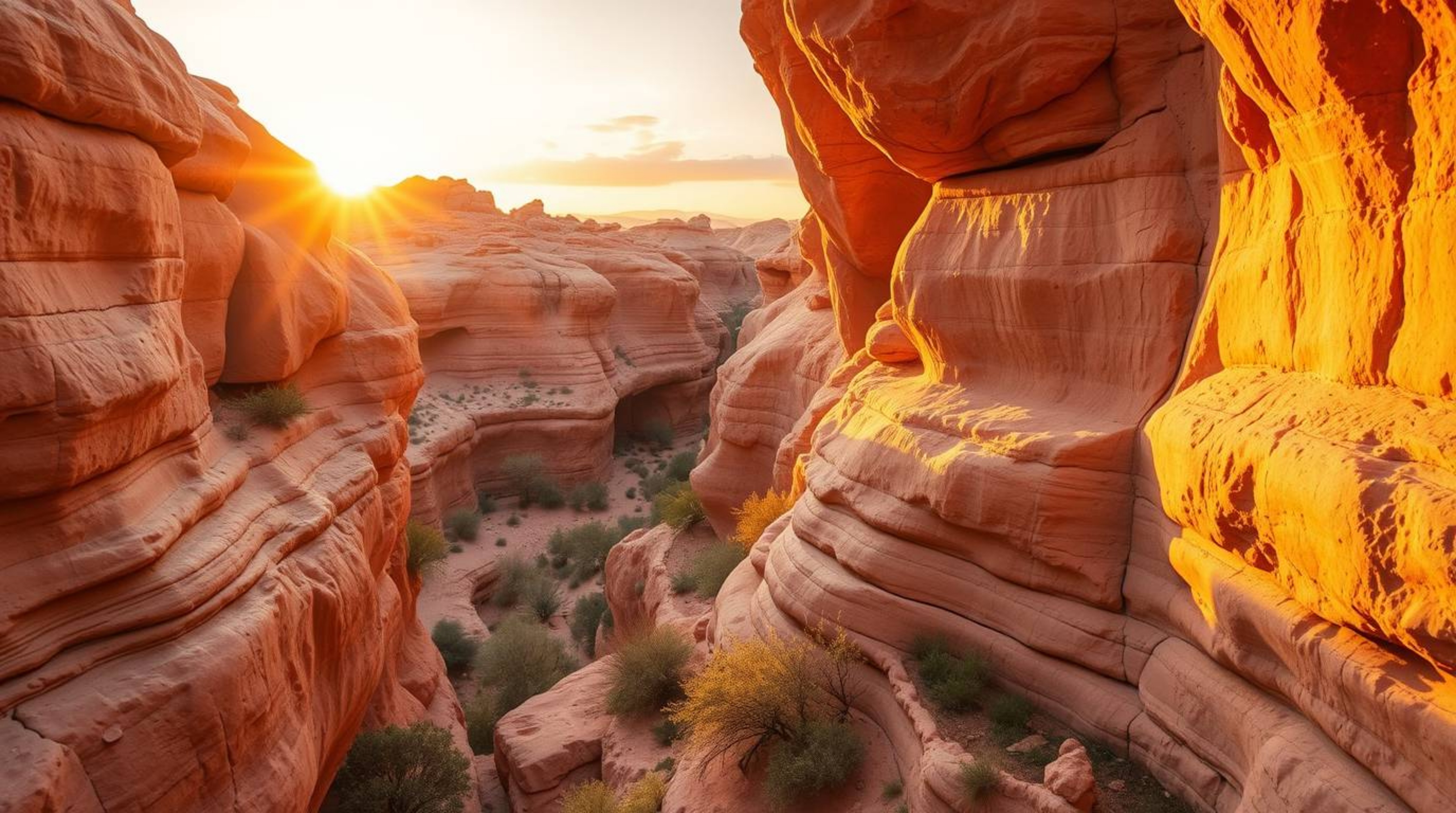 Experience the magic of a rocky canyon bathed in the warm, golden hues of a breathtaking sunset. This scene, imbued with soft
