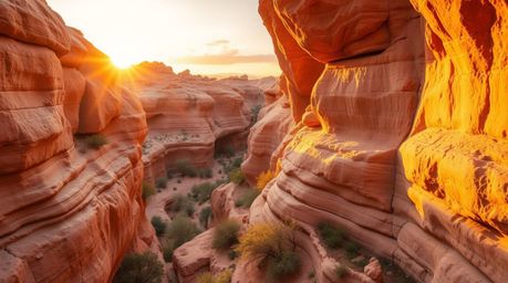Experience the magic of a rocky canyon bathed in the warm, golden hues of a breathtaking sunset. This scene, imbued with soft