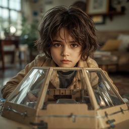 Exquisite high fashion photography captures a boy with messy brown hair and bright, curious eyes, immersed in building a card