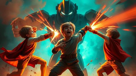 A captivating artwork depicts three superpowered children locked in an intense battle against a formidable robot.  The dramat