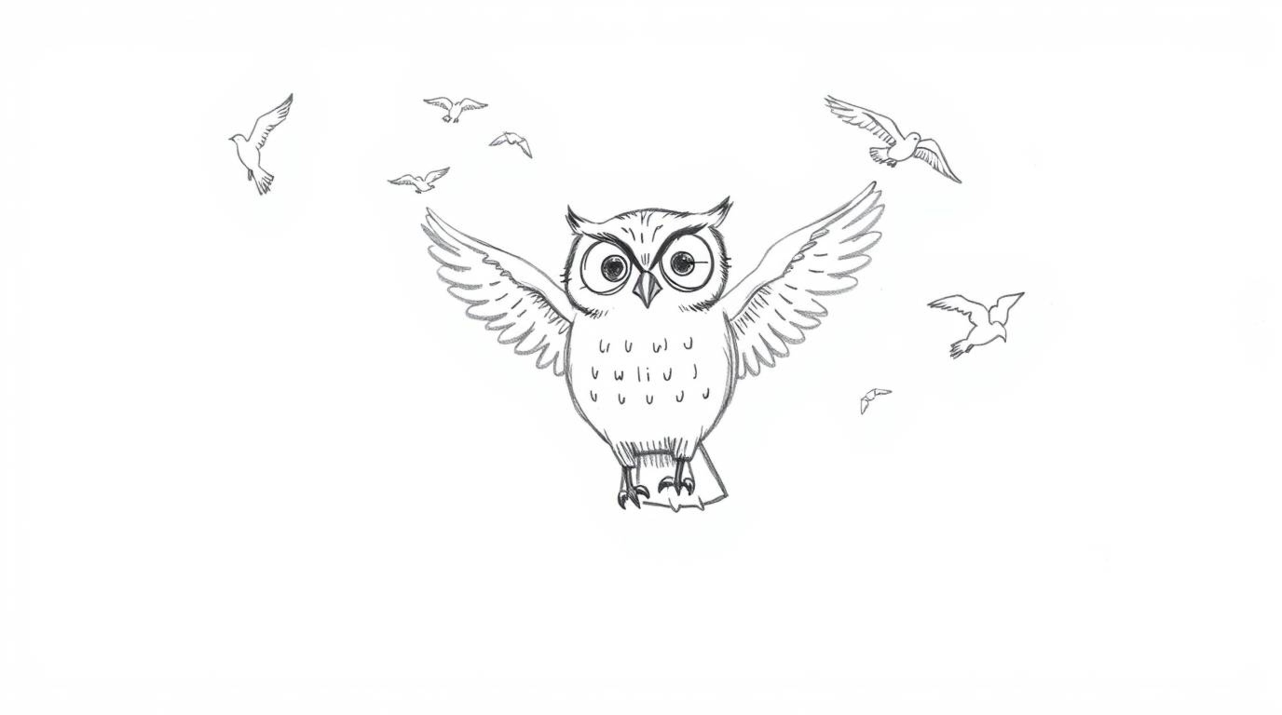 A charming hand-drawn sketch in the style of Pixar depicts a blind owl, with soft features, mid-flight, teaching birds to fly