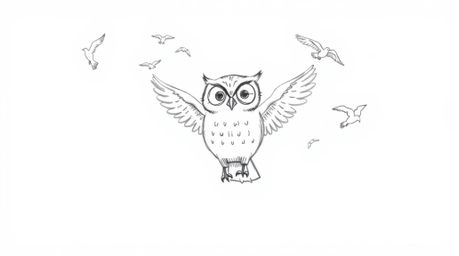 A charming hand-drawn sketch in the style of Pixar depicts a blind owl, with soft features, mid-flight, teaching birds to fly