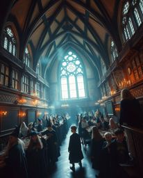 Discover a high-angle perspective of a magical school brimming with young wizards. This enchanting scene evokes a mystic atmo