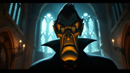 A classic Disney villain, radiating an intense aura, is depicted within the ancient walls of a castle. Bathed in strong, hard