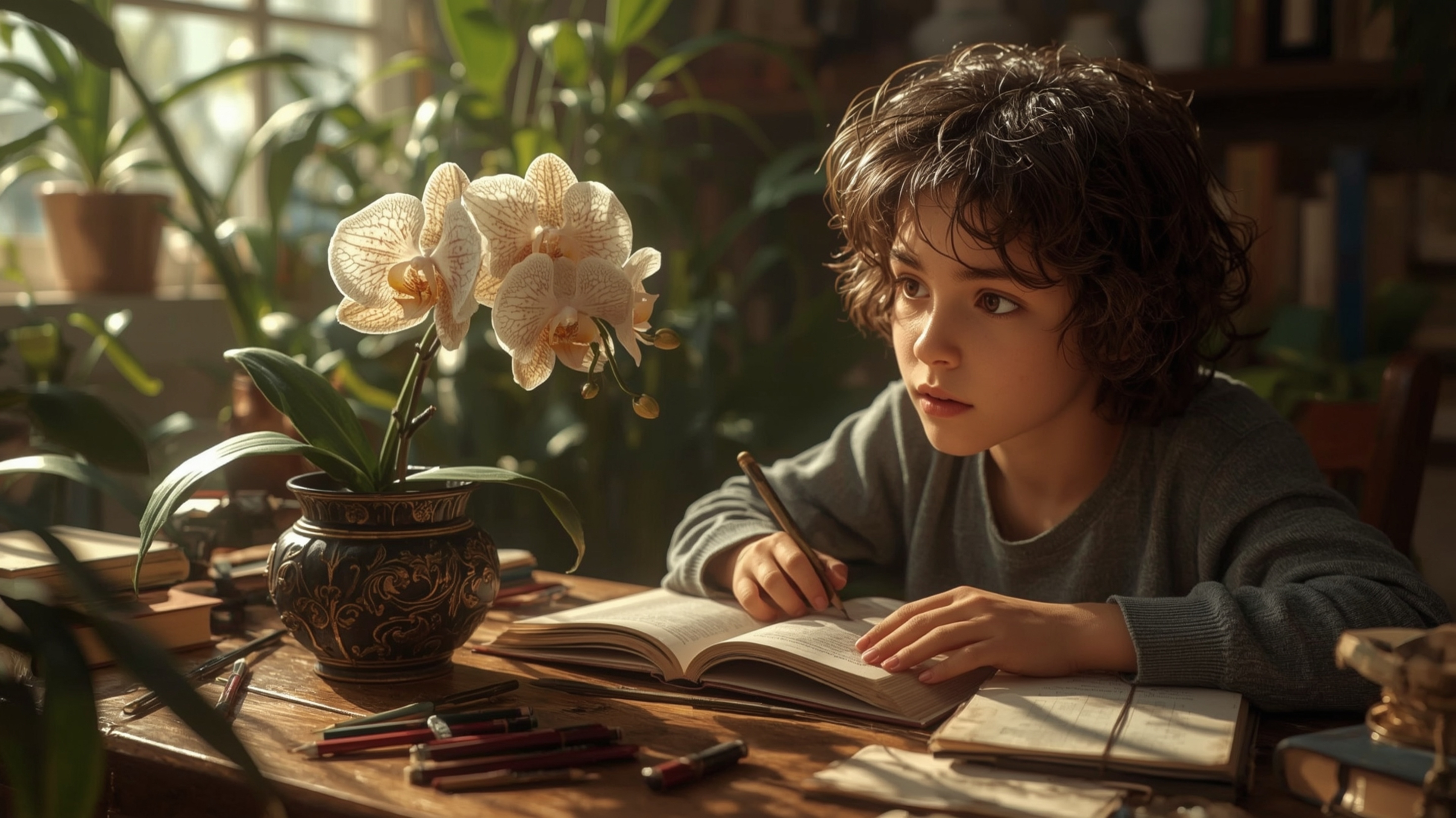 In a highly detailed cinematic photograph with a whimsical, Pixar-like style, a bright-eyed homeschooled genius with a kind,