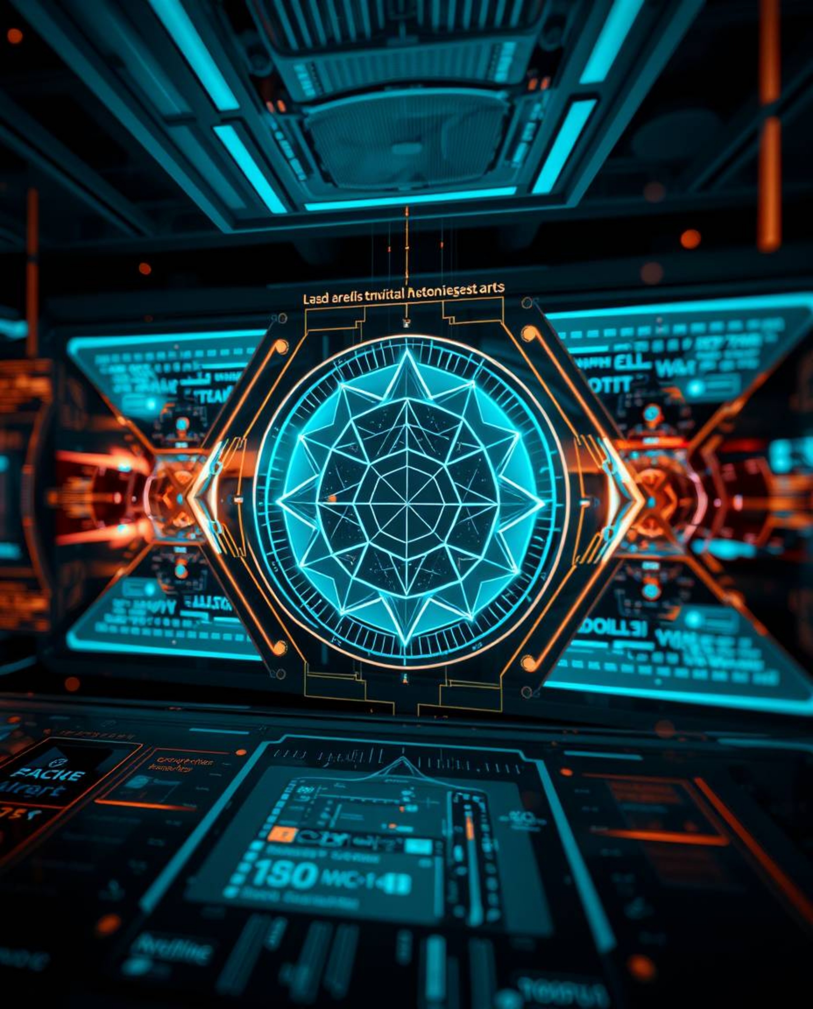 Explore a captivating fine art photograph of a futuristic digital interface, showcasing intricate geometric patterns and a me