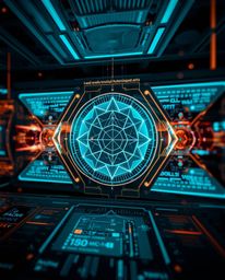 Explore a captivating fine art photograph of a futuristic digital interface, showcasing intricate geometric patterns and a me