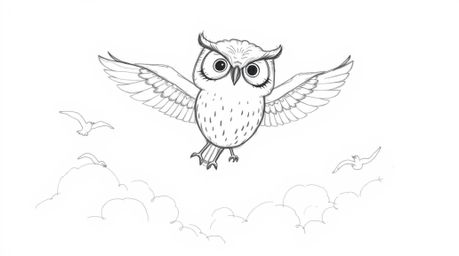 A heartwarming hand-drawn pencil sketch depicts a blind owl, rendered in a Pixar-esque style, soaring gracefully above fluffy