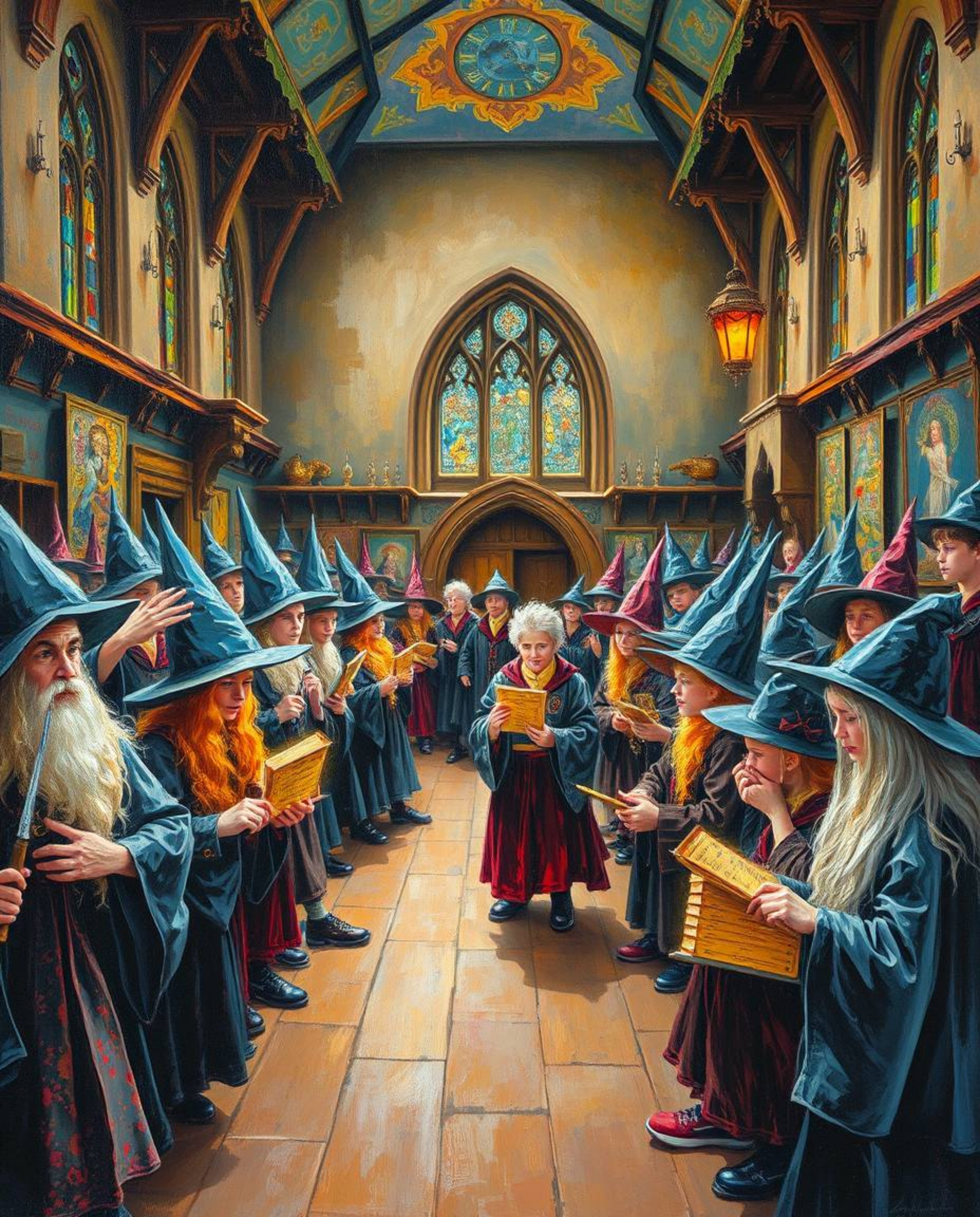This vibrant oil painting captures the energetic atmosphere of a magical school teeming with young wizards.  Visible brushstr