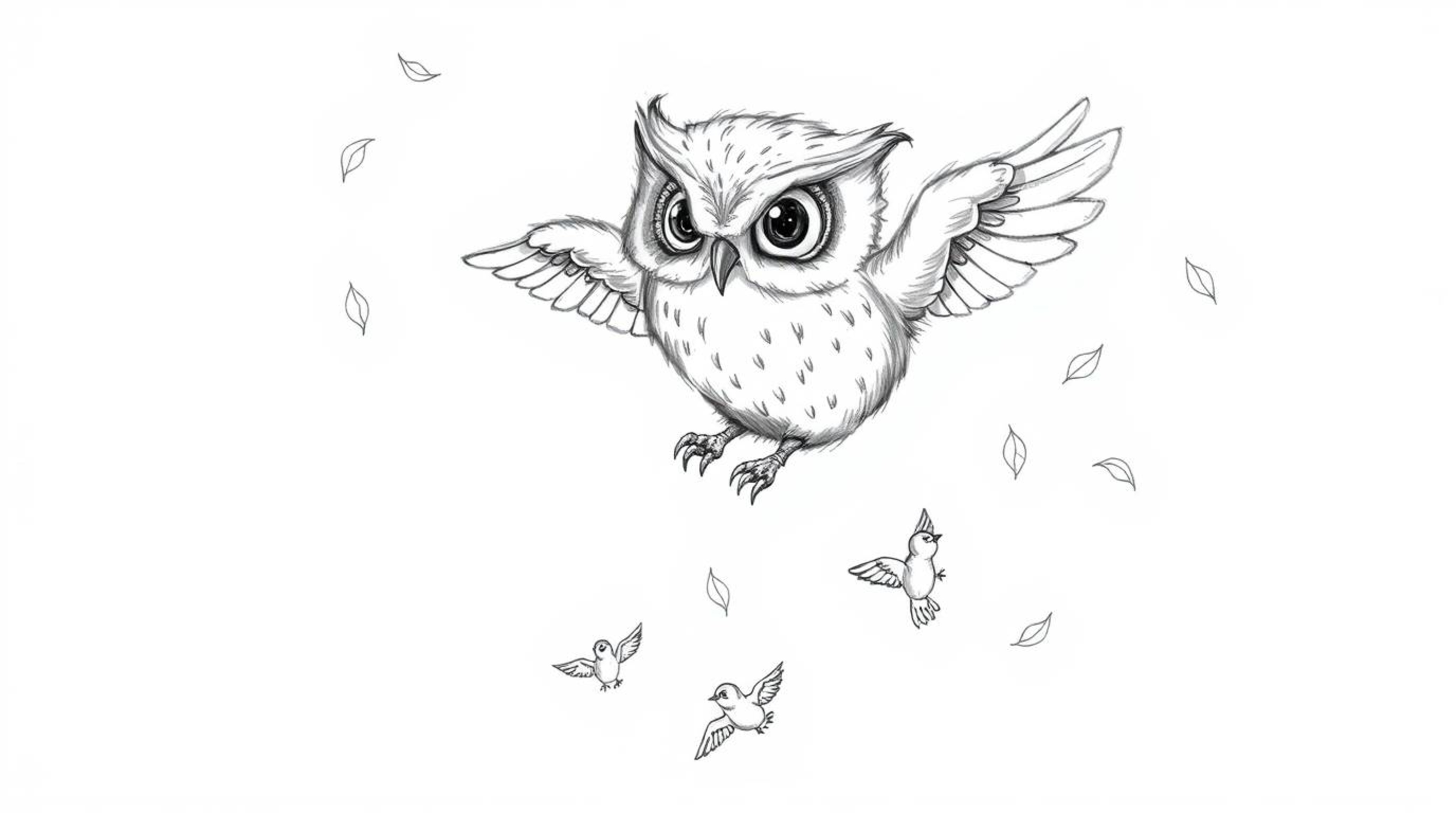 A whimsical hand-drawn pencil sketch in Pixar style depicts a blind owl with soft, downy feathers and large, kind eyes. The o