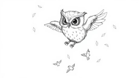 A whimsical hand-drawn pencil sketch in Pixar style depicts a blind owl with soft, downy feathers and large, kind eyes. The o