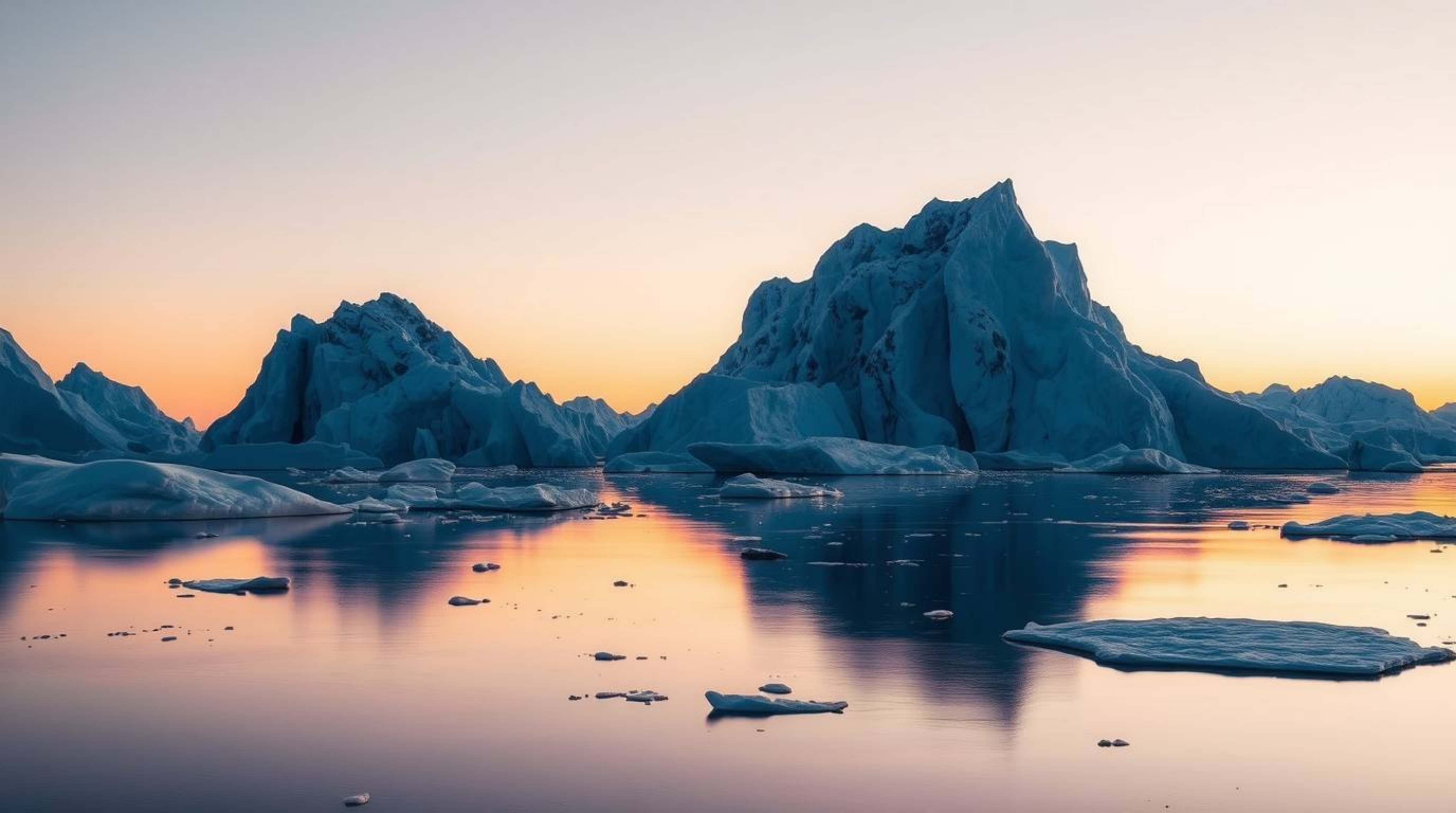 Witness a graceful and elegant sunset painting the icy glaciers in a polar region. The smooth gradient transition and refined