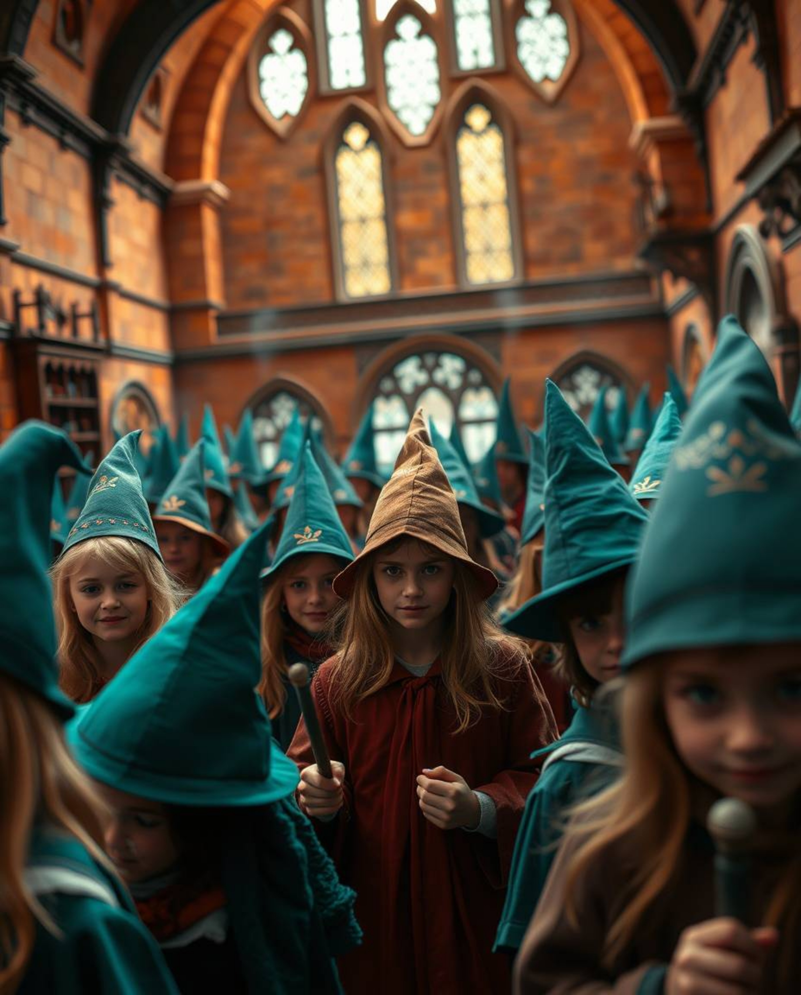Experience a captivating close-up of a magical school teeming with young wizards, bathed in a warm terracotta and cool teal p