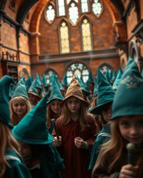 Experience a captivating close-up of a magical school teeming with young wizards, bathed in a warm terracotta and cool teal p